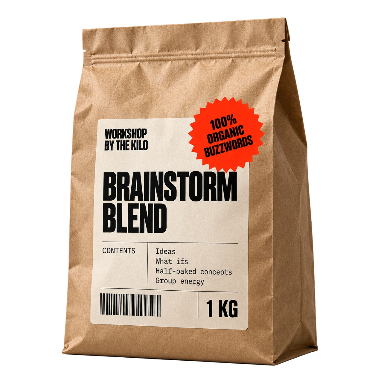 One-kilo kraft Brainstorm Blend bag with an orange Organic Buzzwords seal.